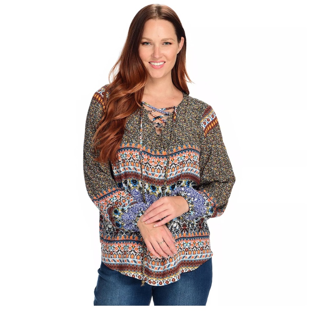 Women’s Farmers Market by One‎ World Blue Woven Mixed Print Lace-up Neck Blouse